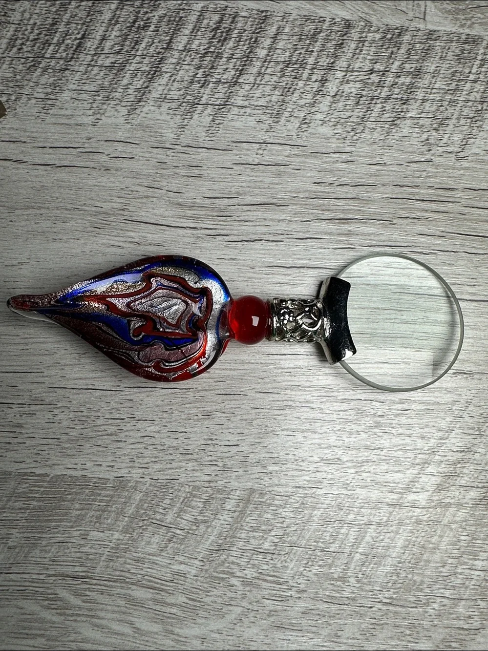 Vintage Pier 1 Blown Glass Magnifier Loupe~ Red, Blue, Silver Swirl - 5” in Box